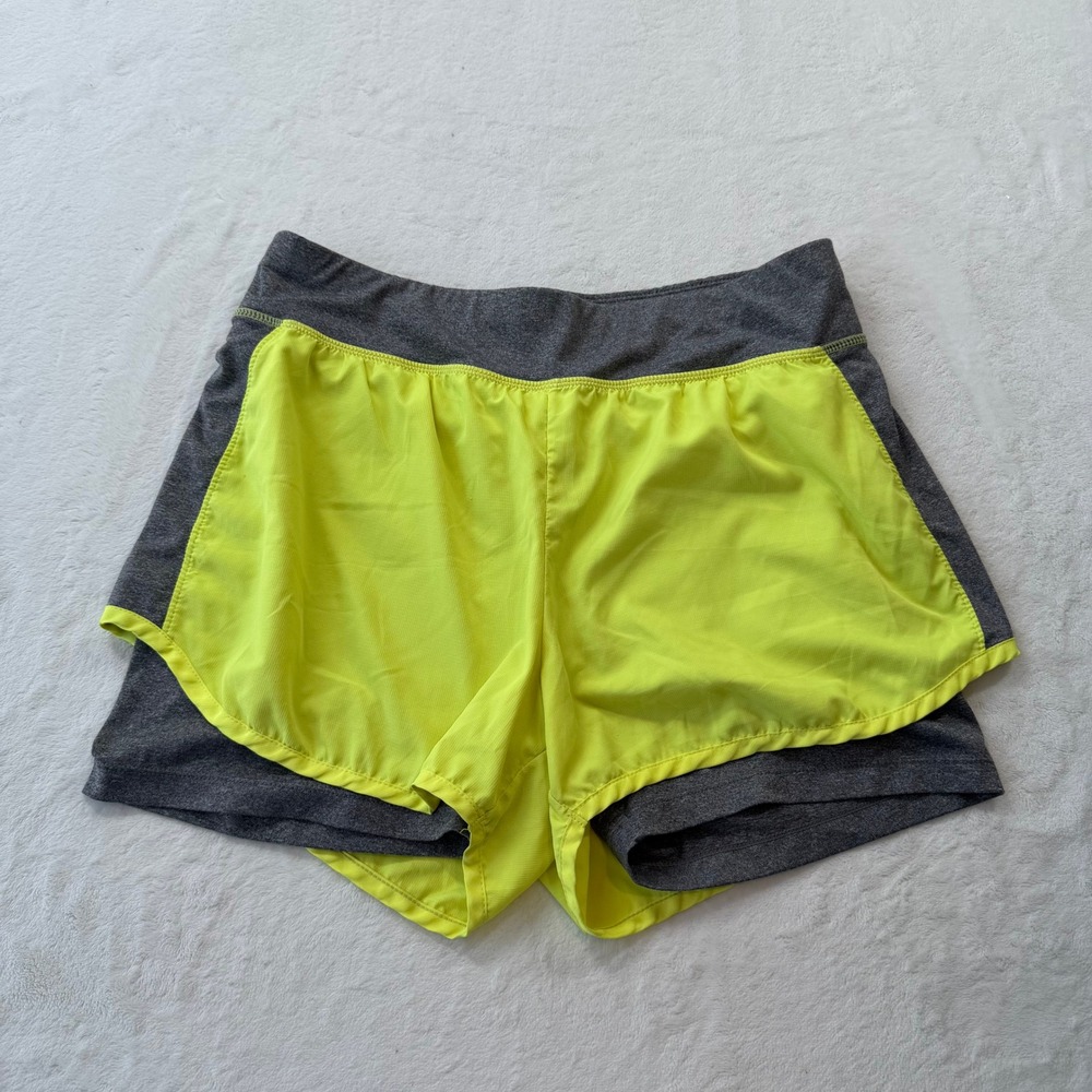 Cascade Sport Running Shorts Womens L Neon Yellow Grey Good 2-in-1 Layered